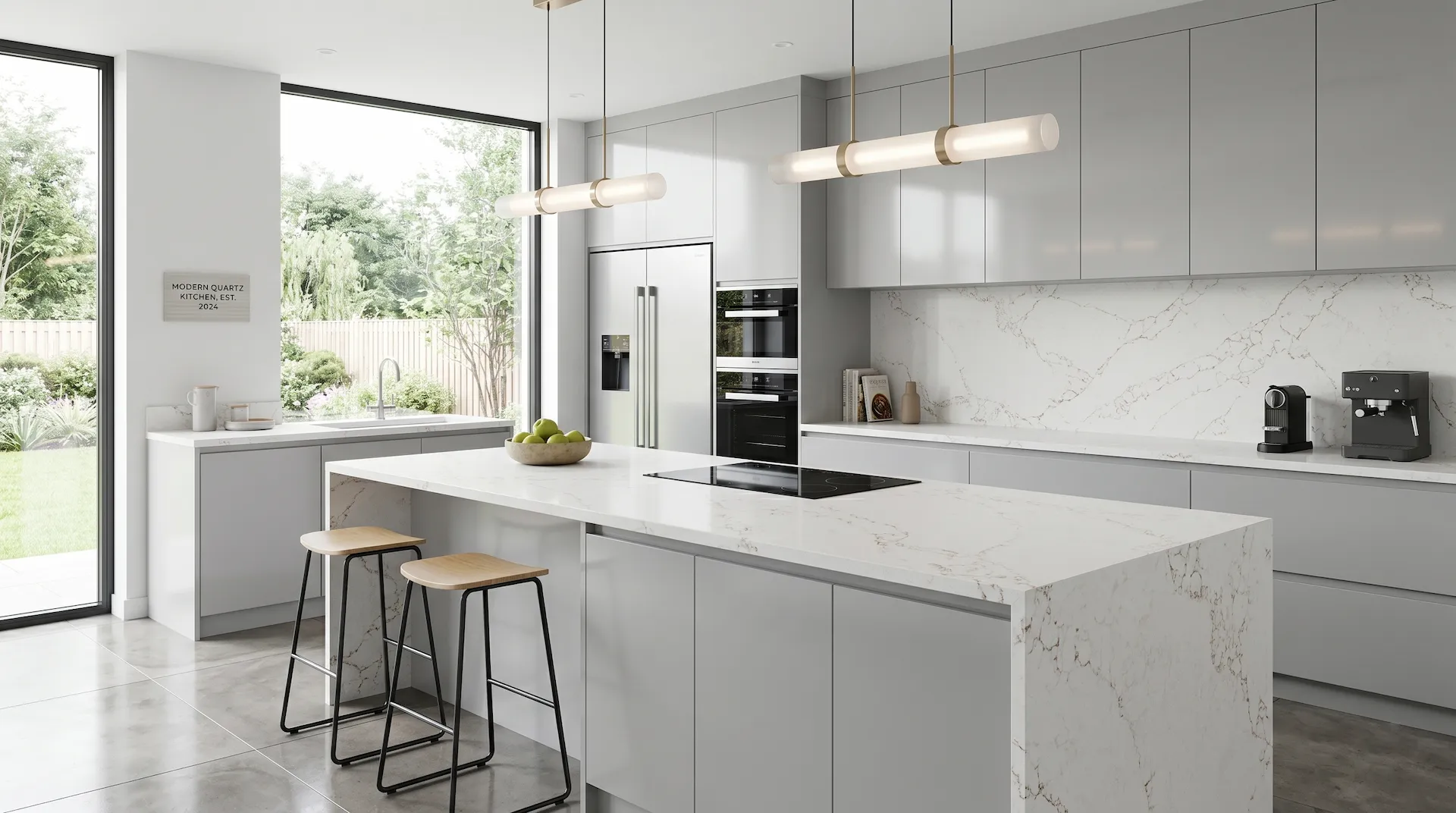 White quartz countertop in a modern kitchen